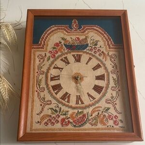 Vintage Embroidered Wall Clock Signed VTA 1961
